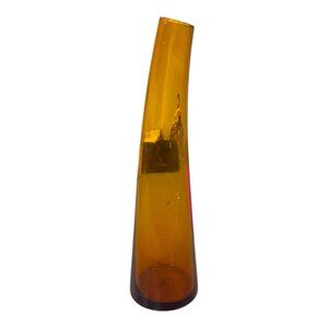 Mid Century Modern Curved Amber Glass Bud Vase Slanted Rim & Tapered Design MCM